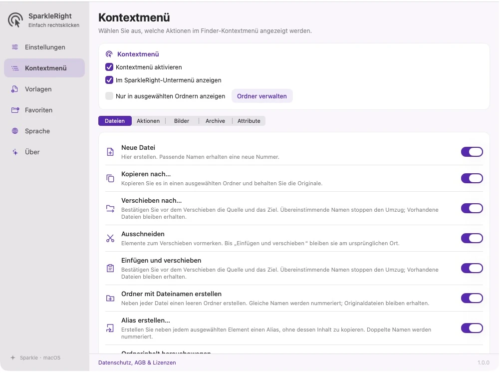 Tatsächliche deutsche SparkleRight-Kontextmenükonfiguration mit Aktionsgruppen und Schaltern