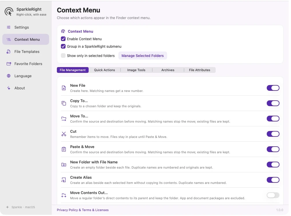 Actual English SparkleRight context menu configuration showing action groups and switches