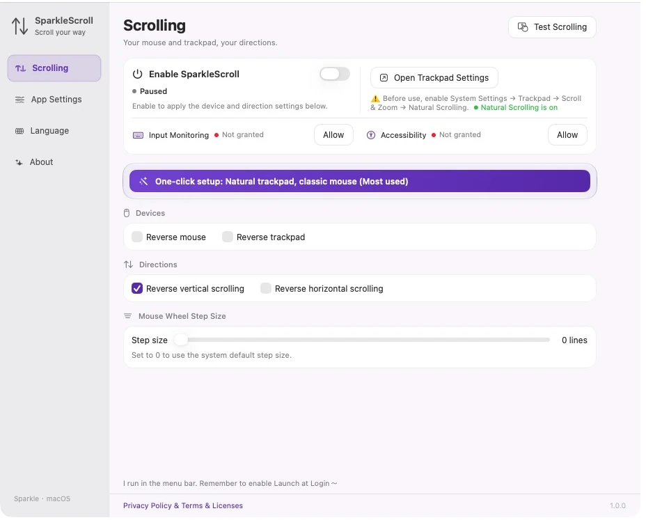 Actual current SparkleScroll settings showing device and axis choices, system permissions, and wheel step