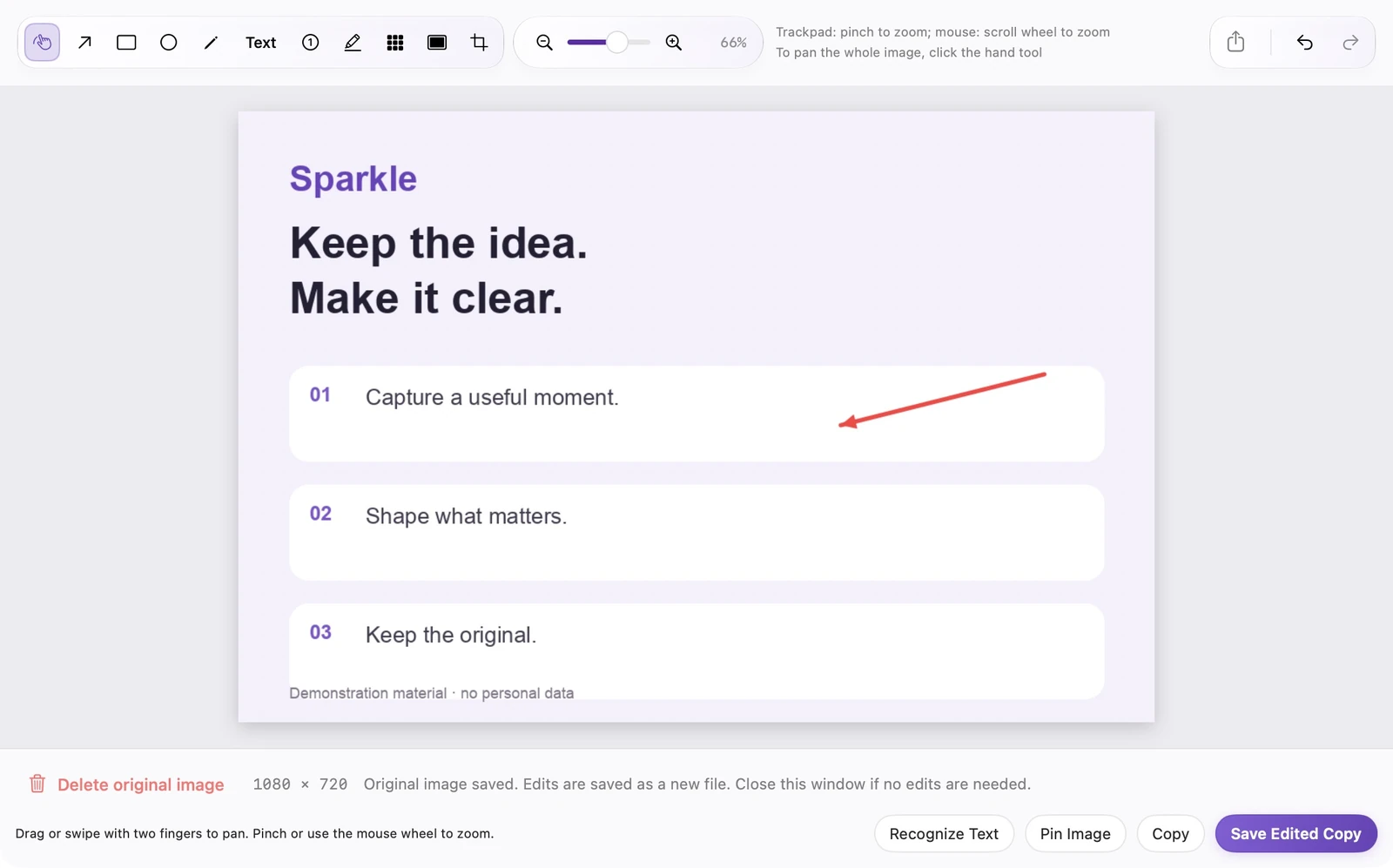Actual SparkleShot editor showing annotation tools, an image canvas, and save-as-copy actions