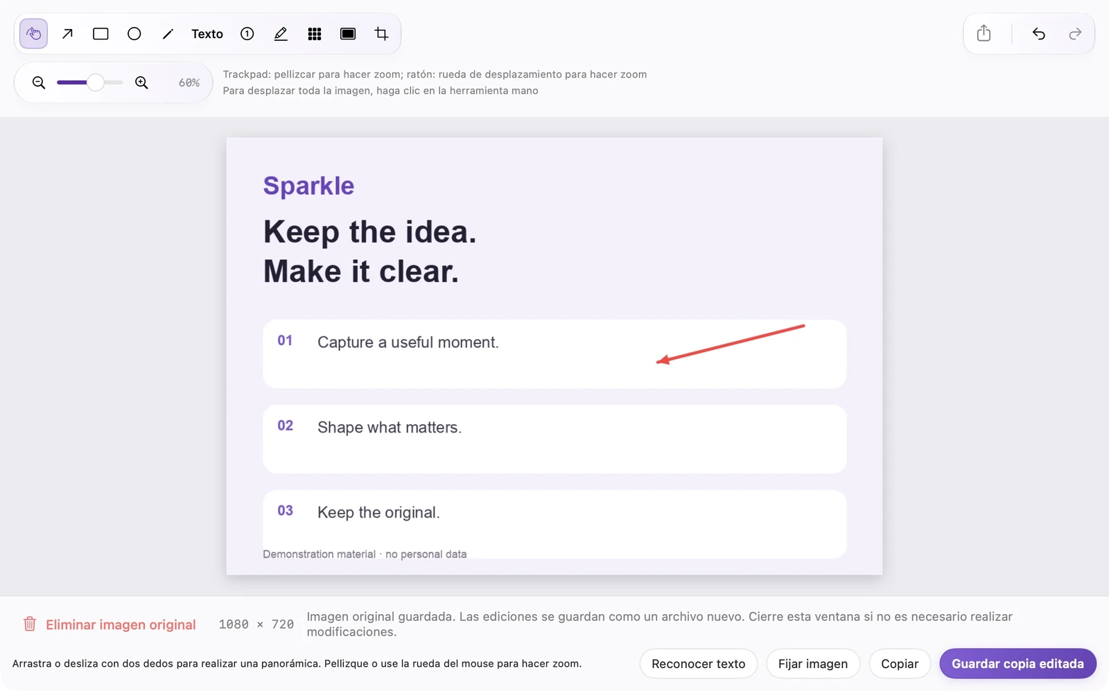 Editor SparkleShot real que muestra herramientas de anotación, un lienzo de imagen y acciones de guardar como copia