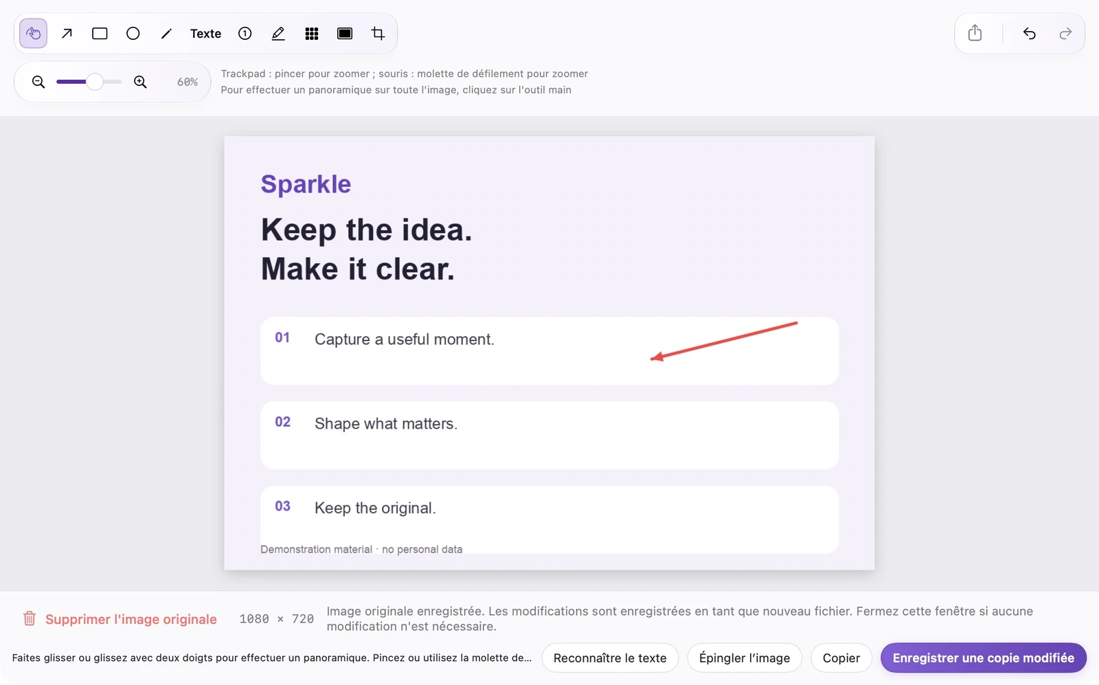 Éditeur SparkleShot actuel affichant des outils d'annotation, un canevas d'image et des actions d'enregistrement en tant que copie