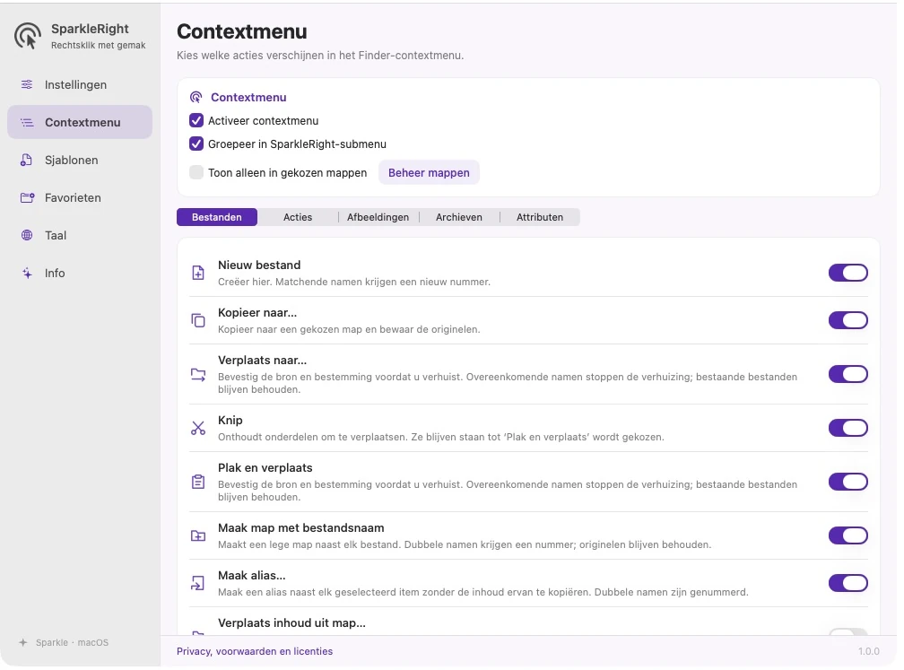 Werkelijke Nederlandse SparkleRight-contextmenuconfiguratie met actiegroepen en schakelaars