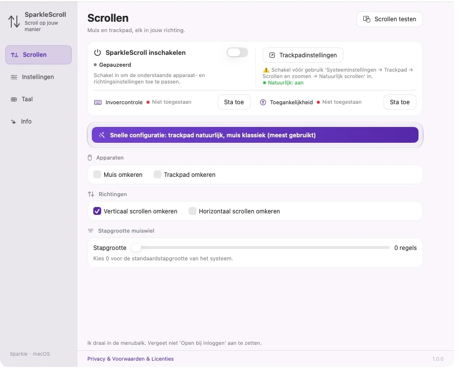 Werkelijke huidige SparkleScroll-instellingen met apparaat- en askeuzes, systeemrechten en wielstap