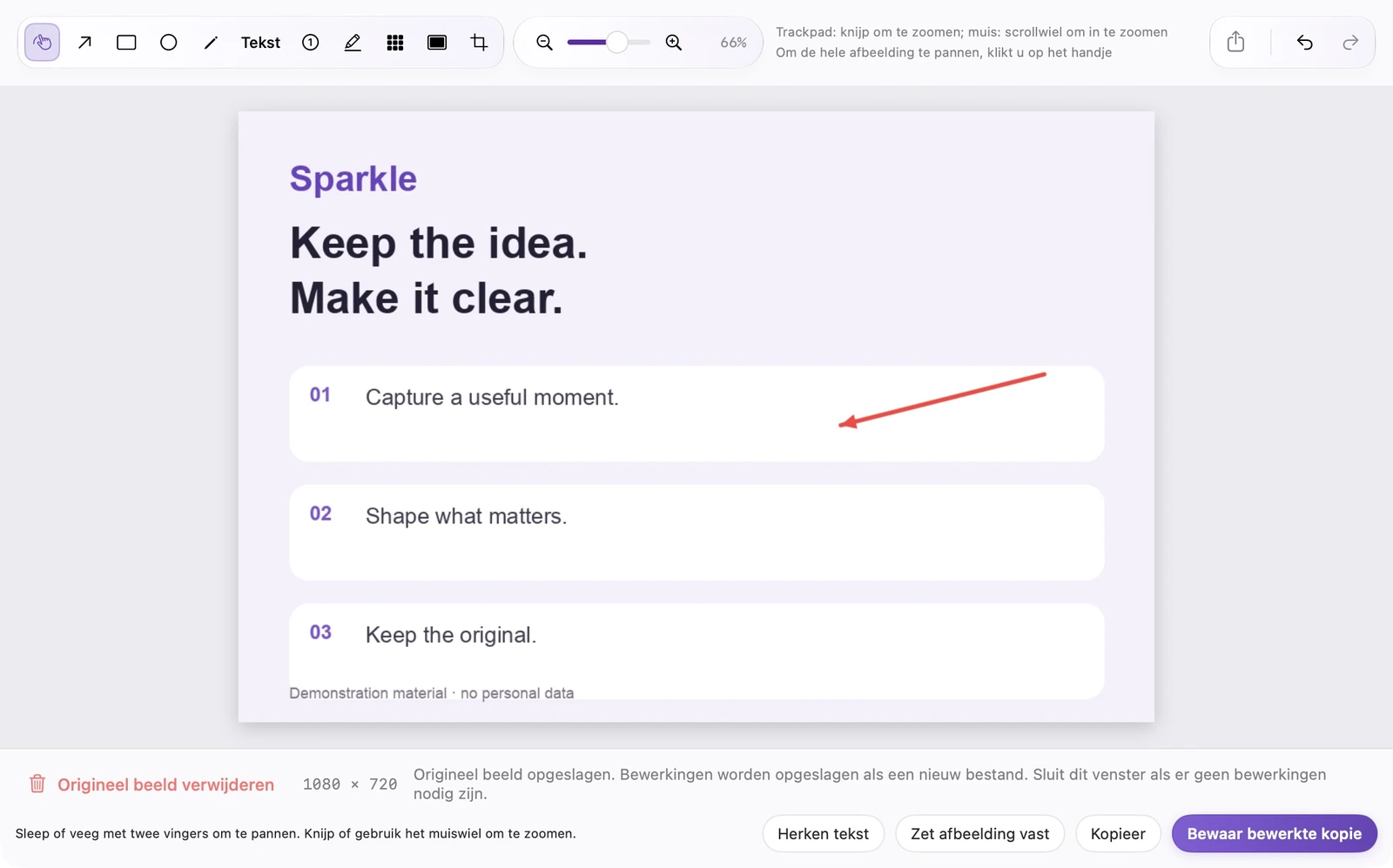 Werkelijke SparkleShot-editor met annotatietools, een afbeeldingscanvas en acties voor opslaan als kopiëren