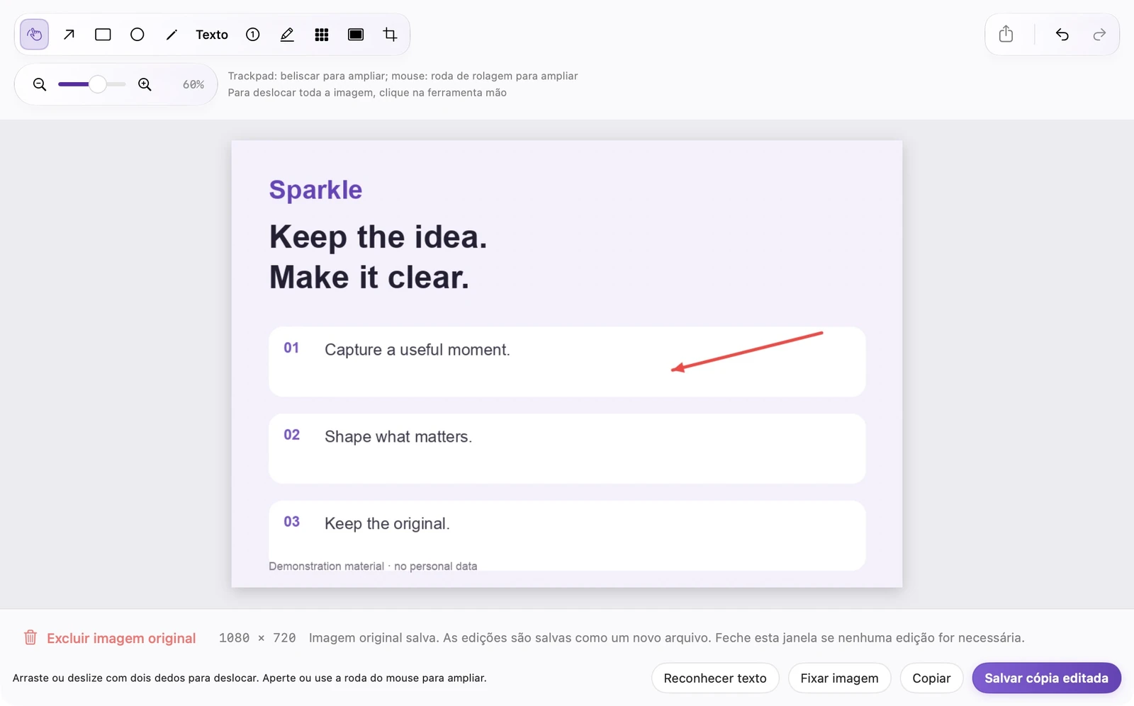 Editor SparkleShot real mostrando ferramentas de anotação, uma tela de imagem e ações de salvar como cópia