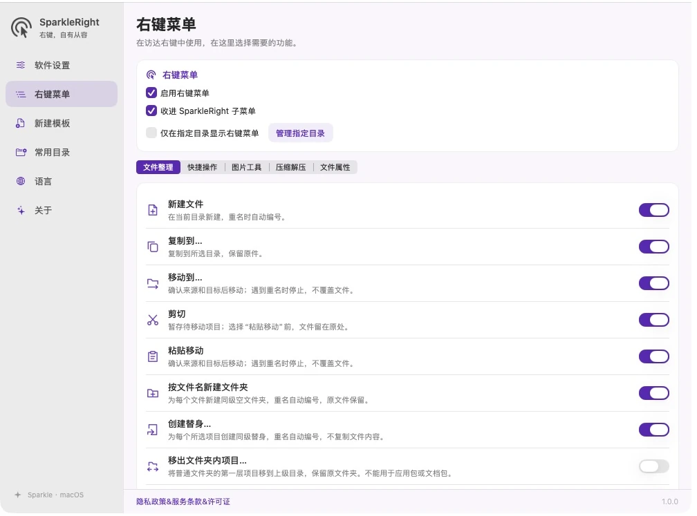 SparkleRight 真实简体中文右键菜单配置页，展示功能分组与开关